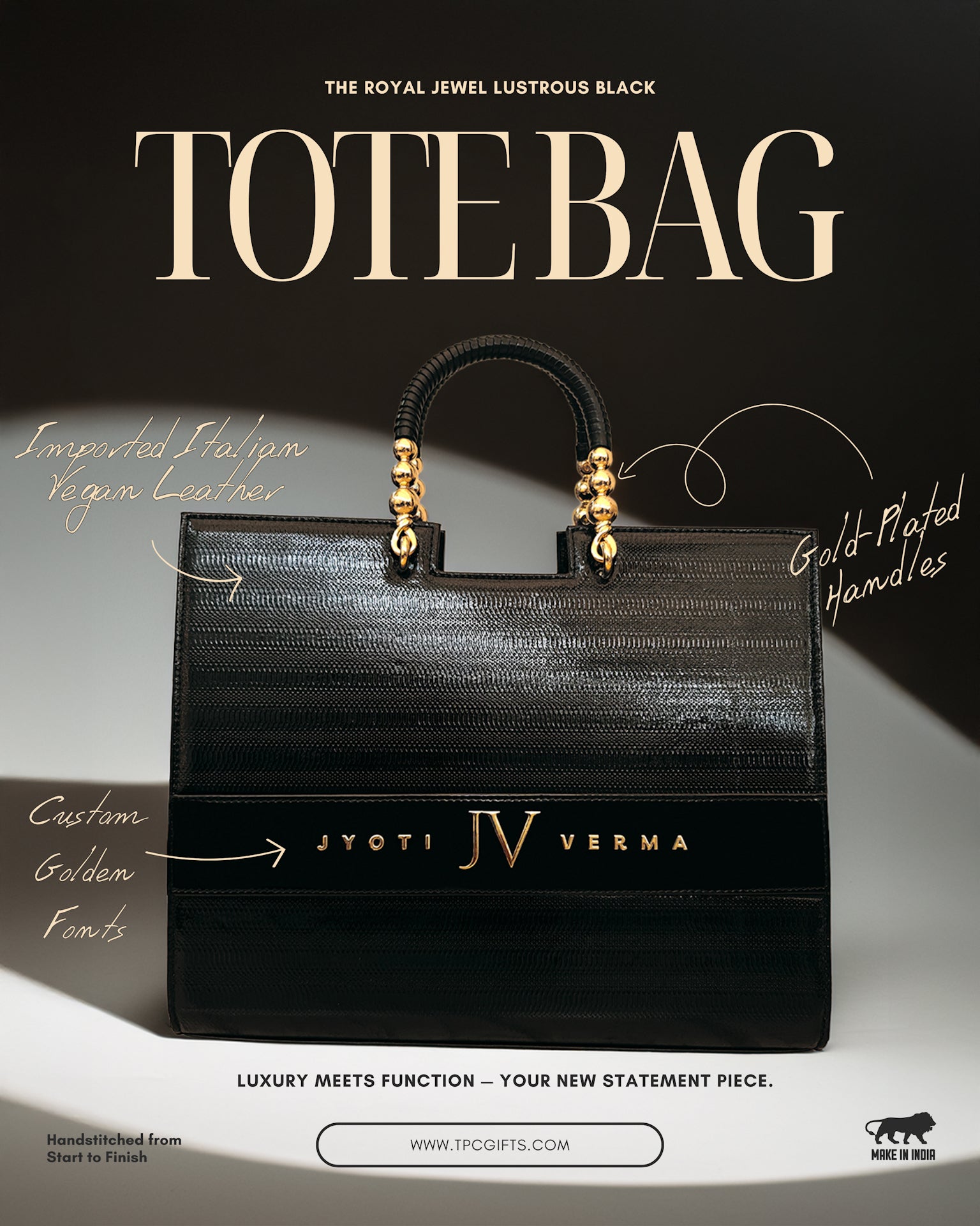 Black tote bag with gold handles and Jyoti Verma branding on a dark background
