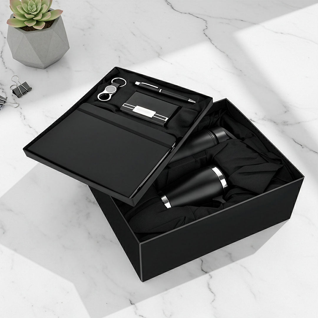 Grand Black 5-Piece Corporate Kit: Notebook, Dual Tumblers &amp; Accessories
