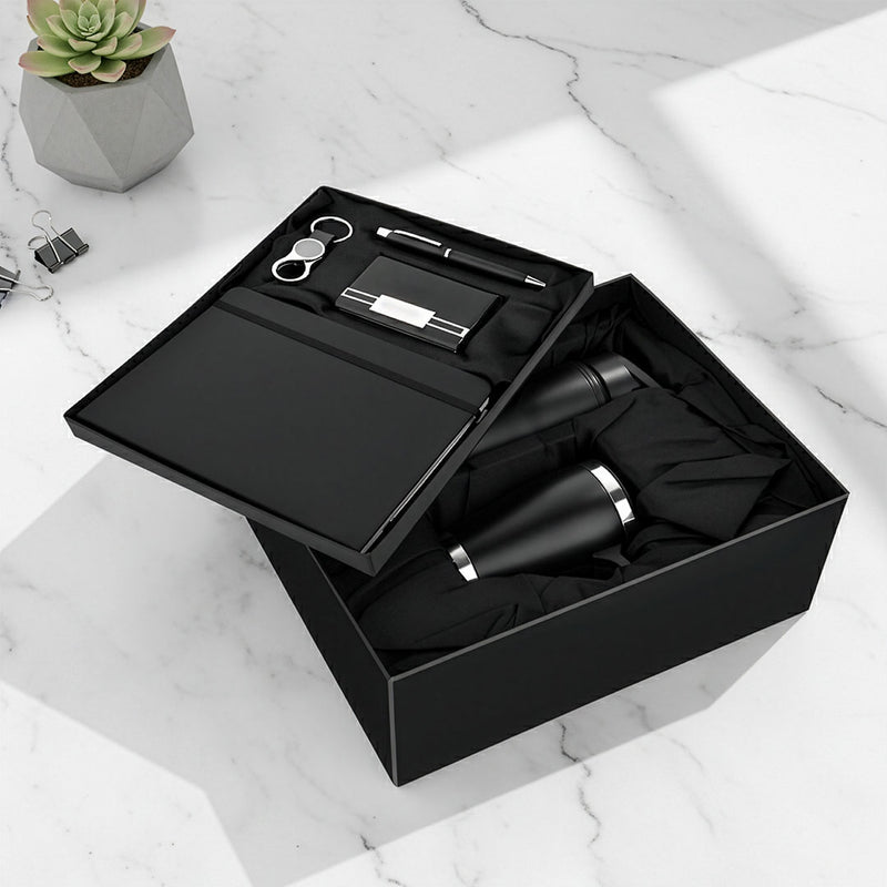 Grand Black 5-Piece Corporate Kit: Notebook, Dual Tumblers & Accessories