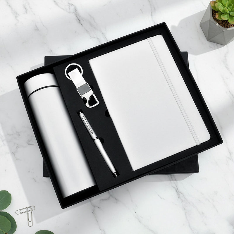 Modern Executive 4-Piece Gift Set: Notebook, Tumbler, Pen & Keychain (Available in Black & White)