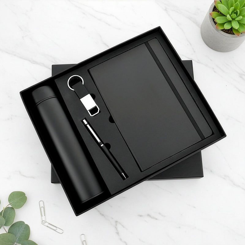 Modern Executive 4-Piece Gift Set: Notebook, Tumbler, Pen & Keychain (Available in Black & White)