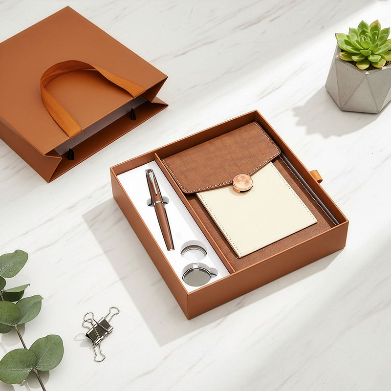 Artisan Two-Tone Gift Set: Tan & Cream Notebook with Metal Pen