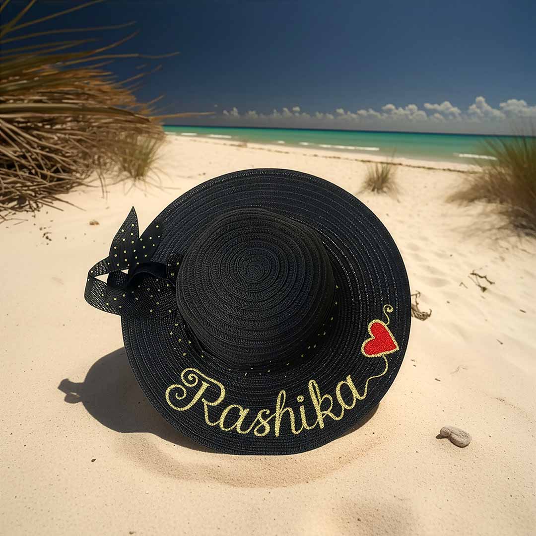 The Signature Black Women Beach Hat: Custom Name &amp; Polka Dot Bow