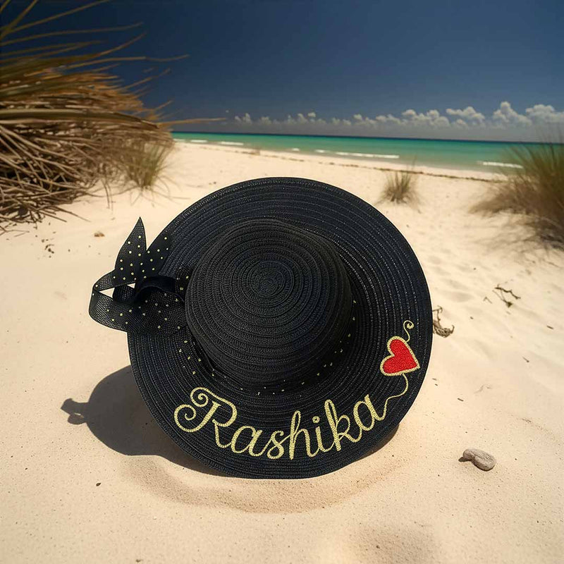 The Signature Black Women Beach Hat: Custom Name & Polka Dot Bow