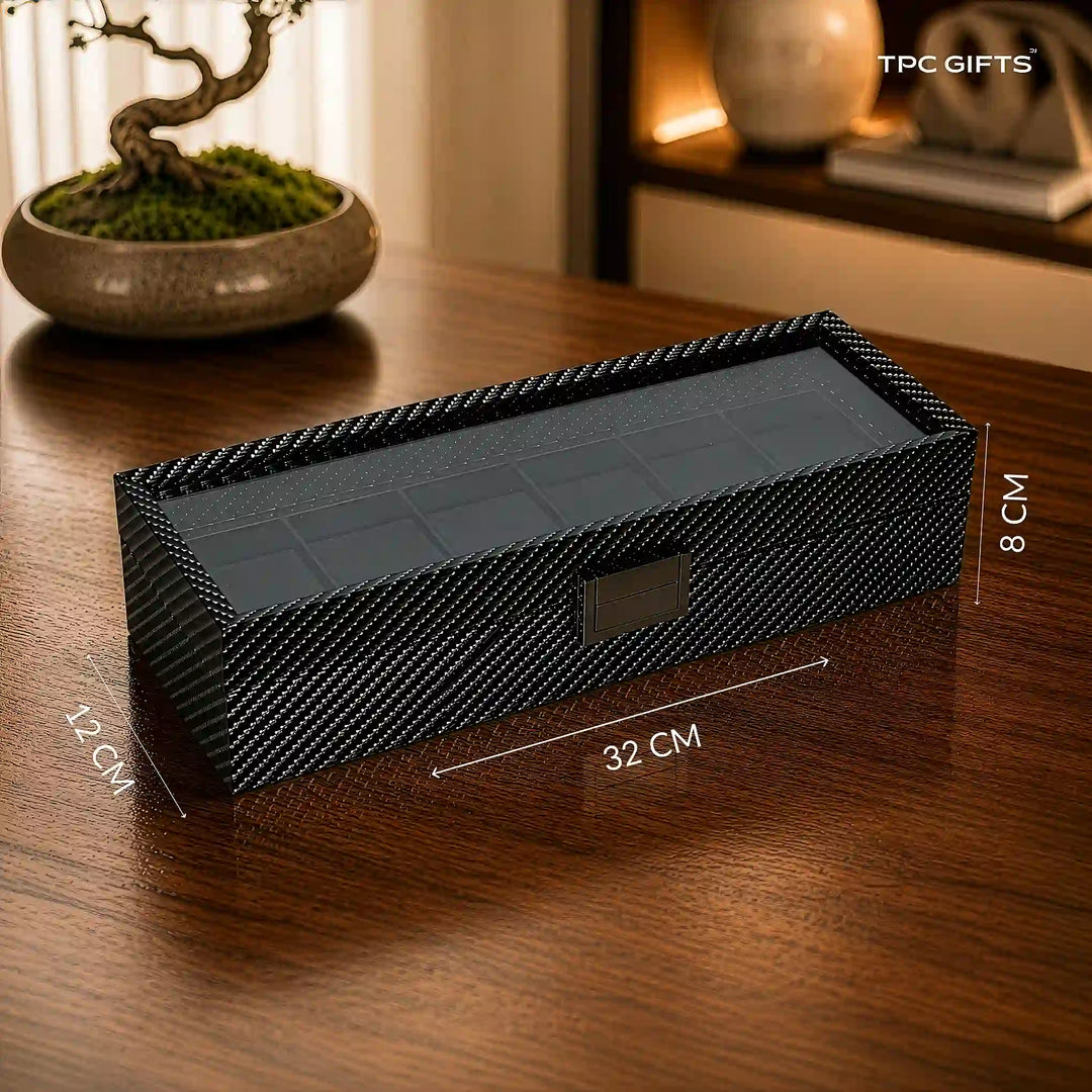 Atlas 6-Slot Carbon Fibre Pattern Watch Organiser with Glass Lid
