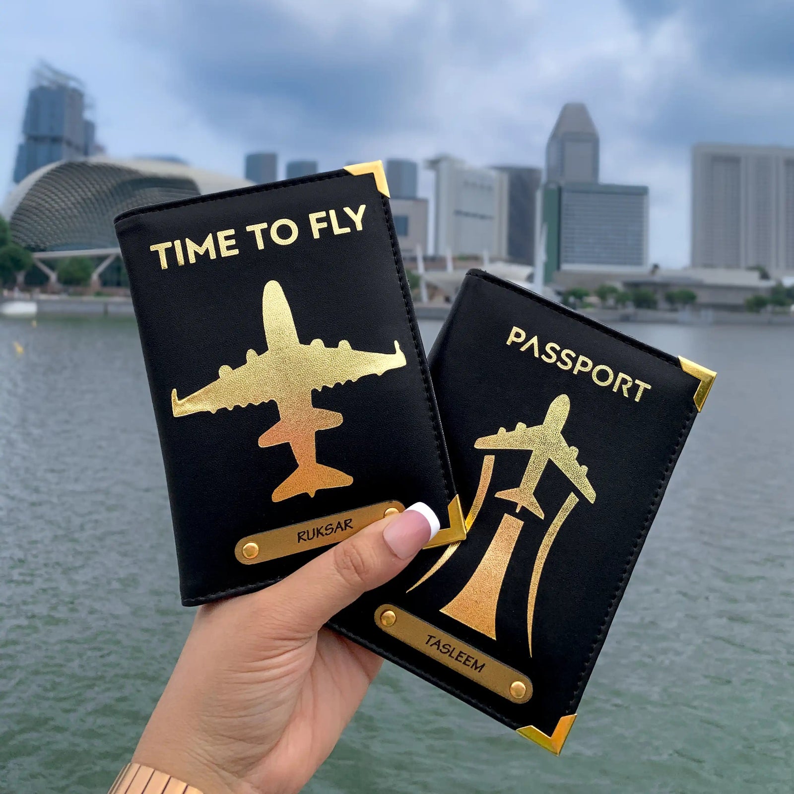 Two passport covers held in hand, one black and one beige, with a gold aviation-inspired design and text 'TIME TO FLY' on the black cover, displayed against a scenic background.