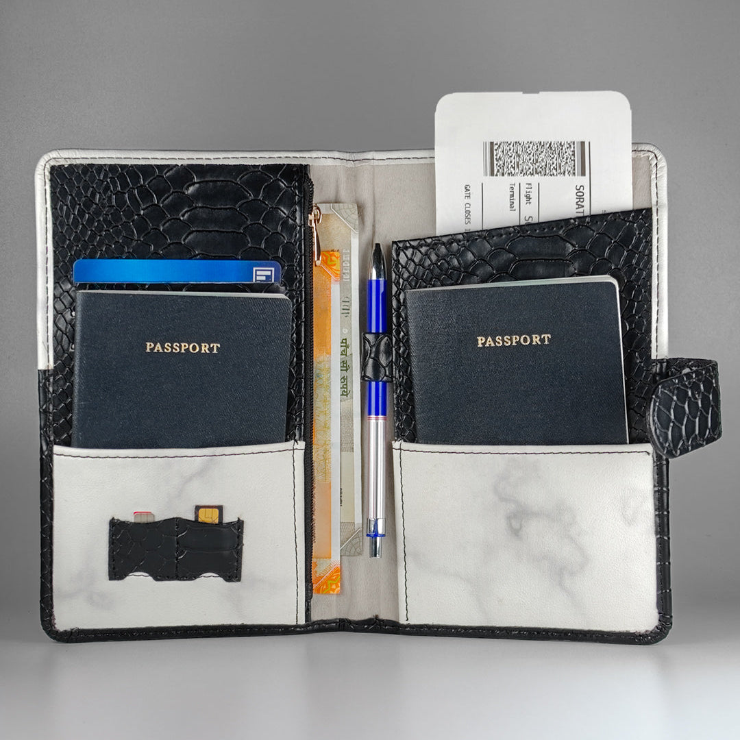 Elegant passport cover and travel organizer with name personalization and a unique black leather-texture finish – ideal passport holder for gifting and travel.