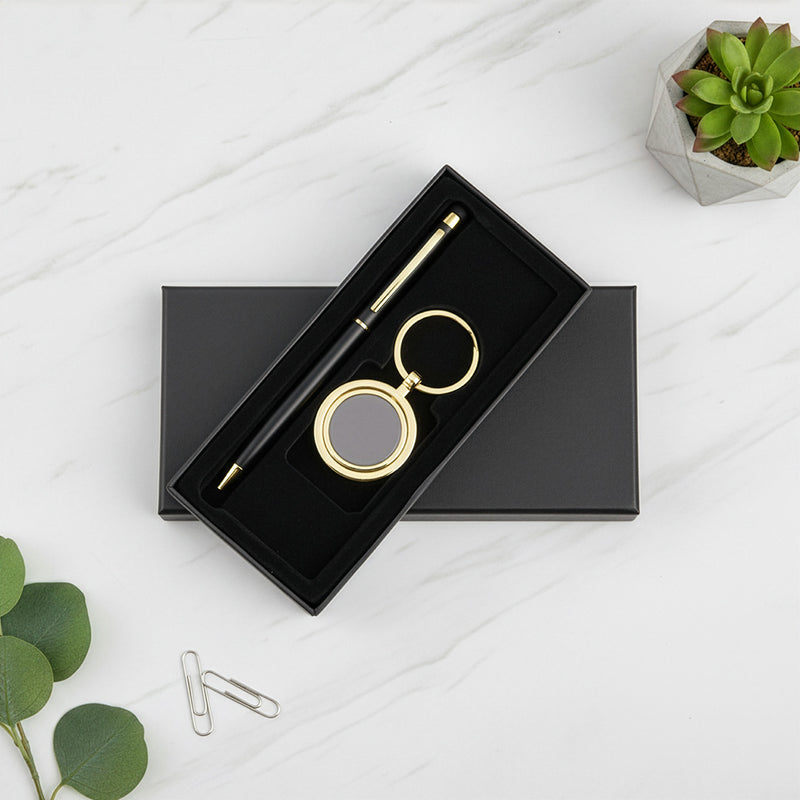 Executive Round Keychain & Metal Pen Gift Set - Black/Gold