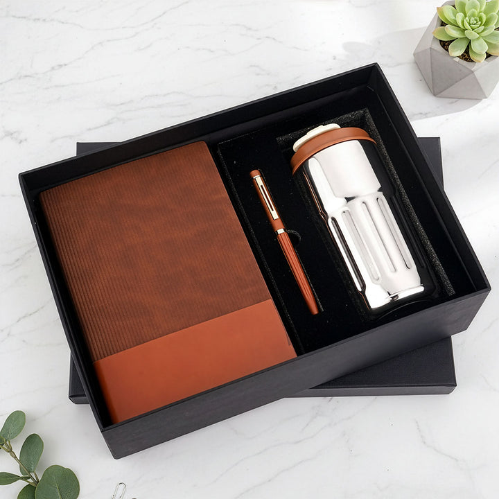 Premium Textured 3-Piece Gift Set: Notebook, Tumbler &amp; Pen (Black/Brown)