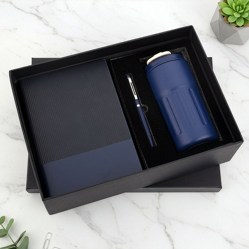 Premium Textured 3-Piece Gift Set: Notebook, Tumbler & Pen (Black/Brown)
