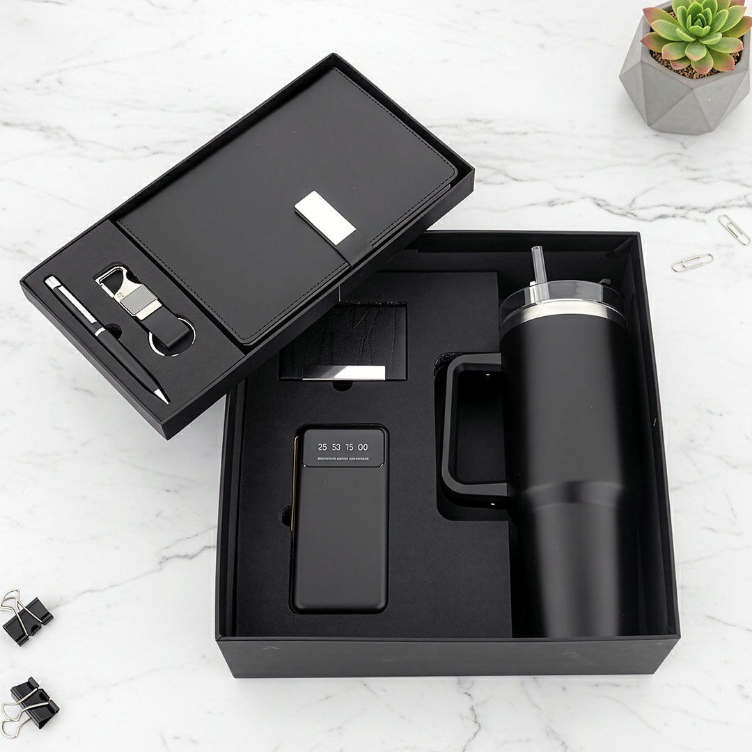 Grand 6-Piece Tech &amp; Tumbler Gift Set: Power Bank, Notebook &amp; XL Mug