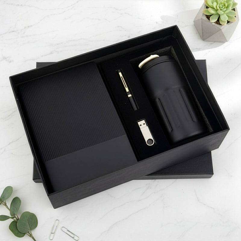 Premium Textured 3-Piece Gift Set: Notebook, Tumbler & Pen (Black/Brown)