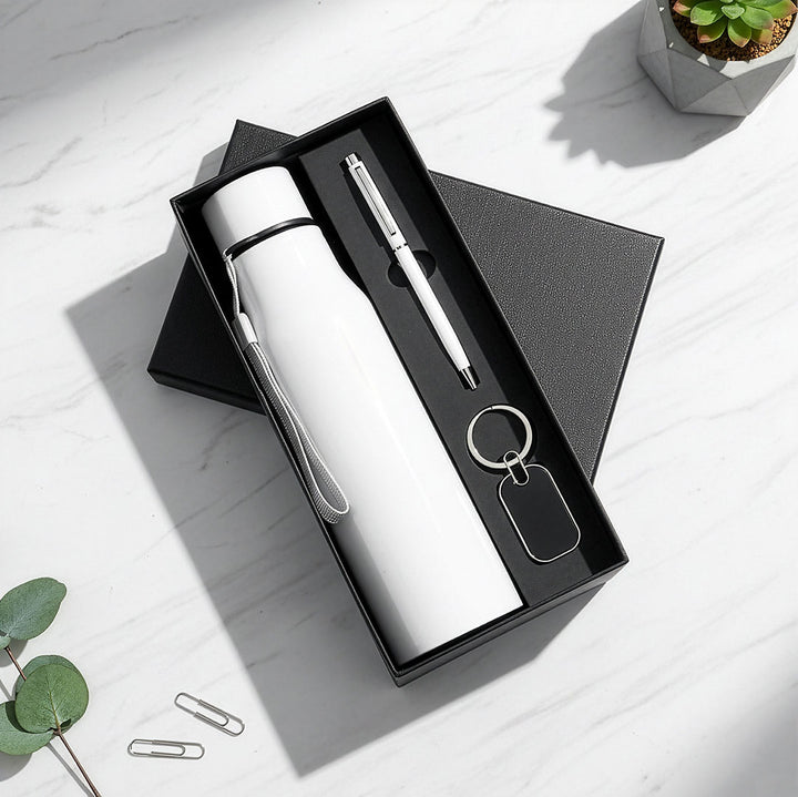 Modern Slimline 3-Piece Gift Set: Vacuum Bottle, Pen &amp; Keychain (Black/White)