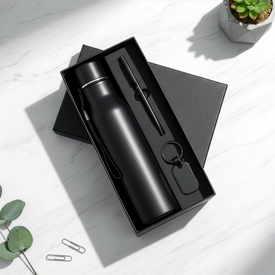 Modern Slimline 3-Piece Gift Set: Vacuum Bottle, Pen &amp; Keychain (Black/White)