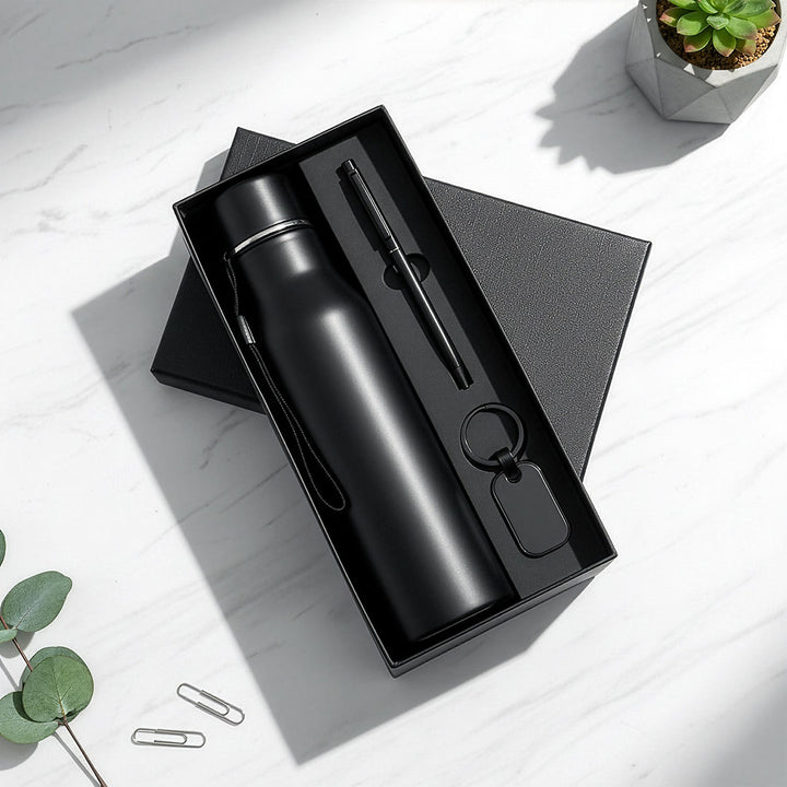 Modern Slimline 3-Piece Gift Set: Vacuum Bottle, Pen &amp; Keychain (Black/White)