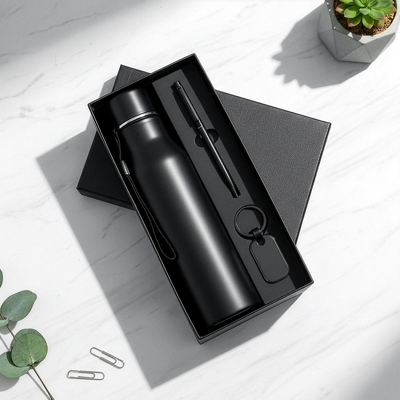 Modern Slimline 3-Piece Gift Set: Vacuum Bottle, Pen & Keychain (Black/White)