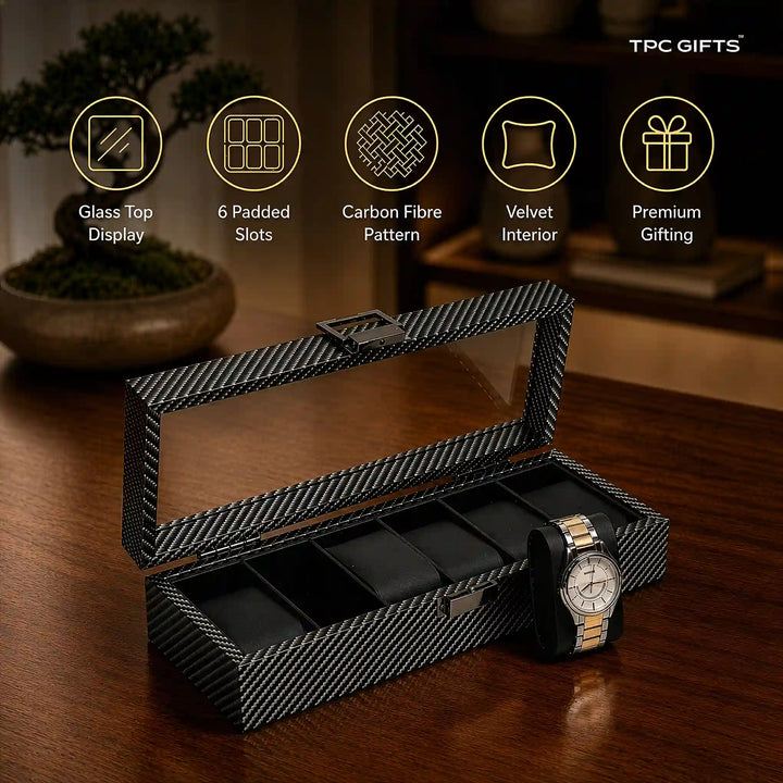 Atlas 6-Slot Carbon Fibre Pattern Watch Organiser with Glass Lid