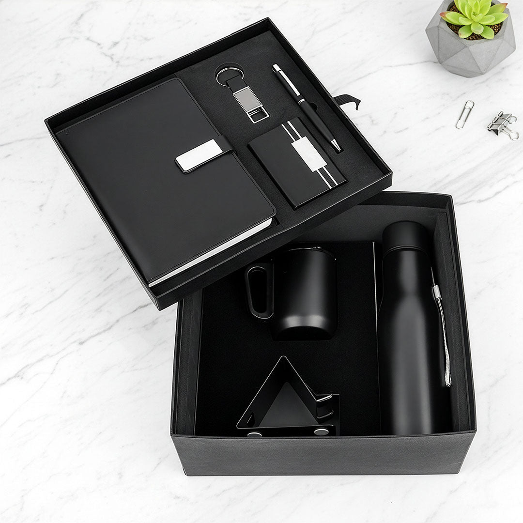 Premium 4-Piece Corporate Desk Set: Notebook, Bottle, Mug &amp; Pen (Black/Blue)