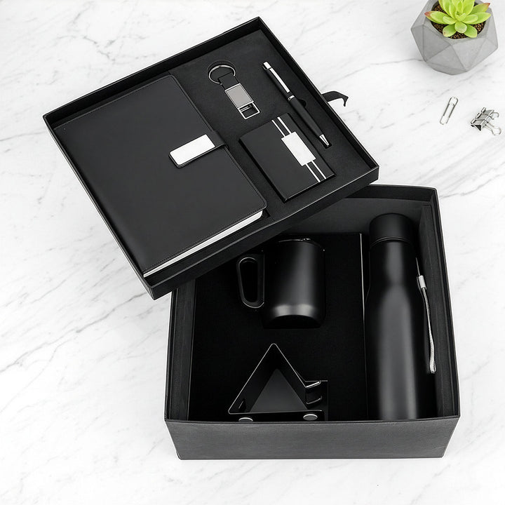 Premium 4-Piece Corporate Desk Set: Notebook, Bottle, Mug &amp; Pen (Black/Blue)