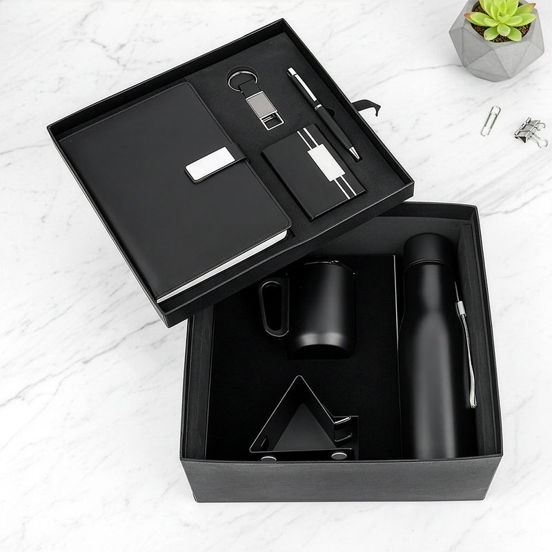 Premium 4-Piece Corporate Desk Set: Notebook, Bottle, Mug & Pen (Black/Blue)