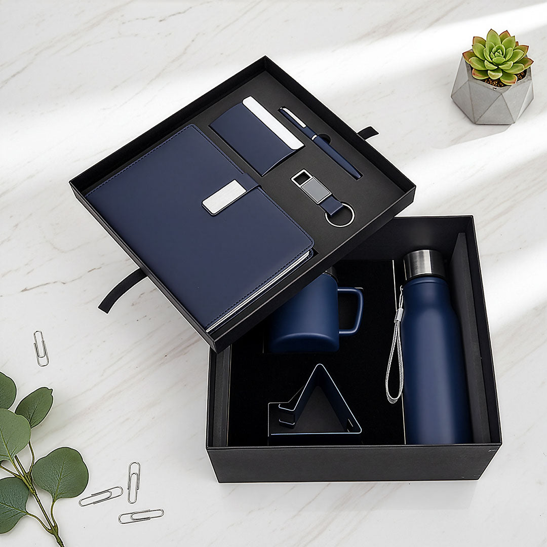 Premium 4-Piece Corporate Desk Set: Notebook, Bottle, Mug &amp; Pen (Black/Blue)