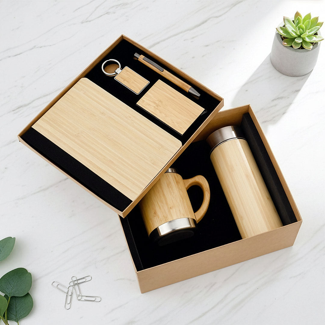 Eco-Luxe Bamboo 5-Piece Gift Set: Sustainable Desk &amp; Drinkware Kit