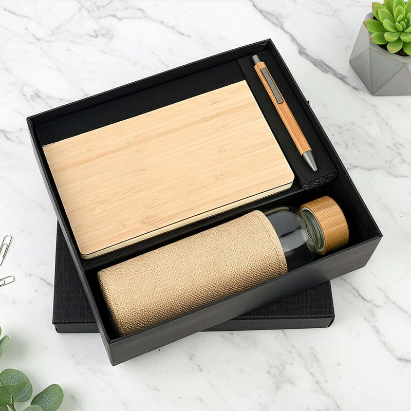 Sustainable Bamboo Trio: Notebook, Glass Bottle & Pen Gift Set