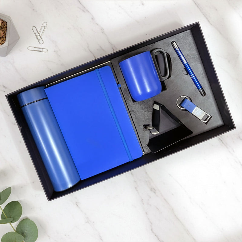 Vibrant Cobalt Blue 6-Piece Desk Set: Notebook, Flask & Accessories