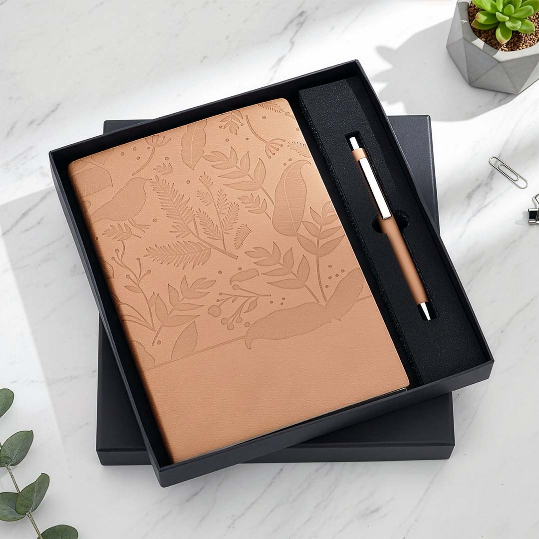Artisan Embossed Leaf Gift Set: Textured Notebook &amp; Pen
