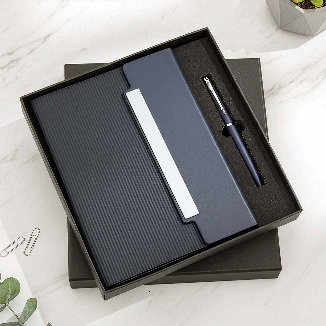Modern Ribbed Texture 2-Piece Gift Set: Notebook &amp; Pen (Blue/Tan)