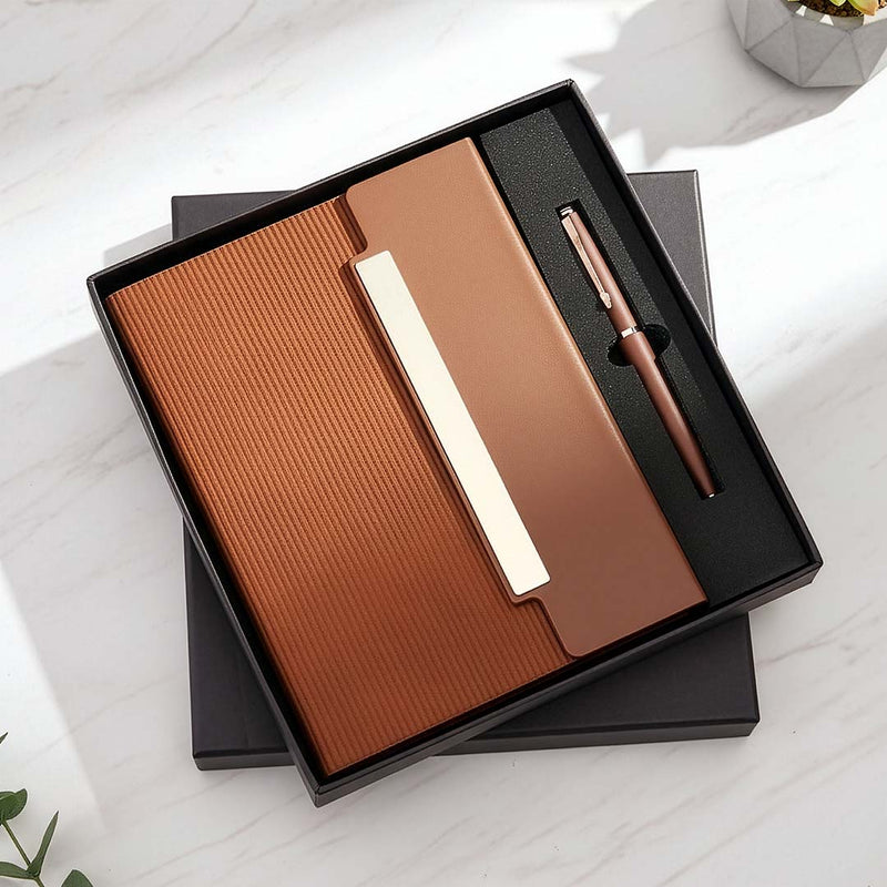 Modern Ribbed Texture 2-Piece Gift Set: Notebook & Pen (Blue/Tan)
