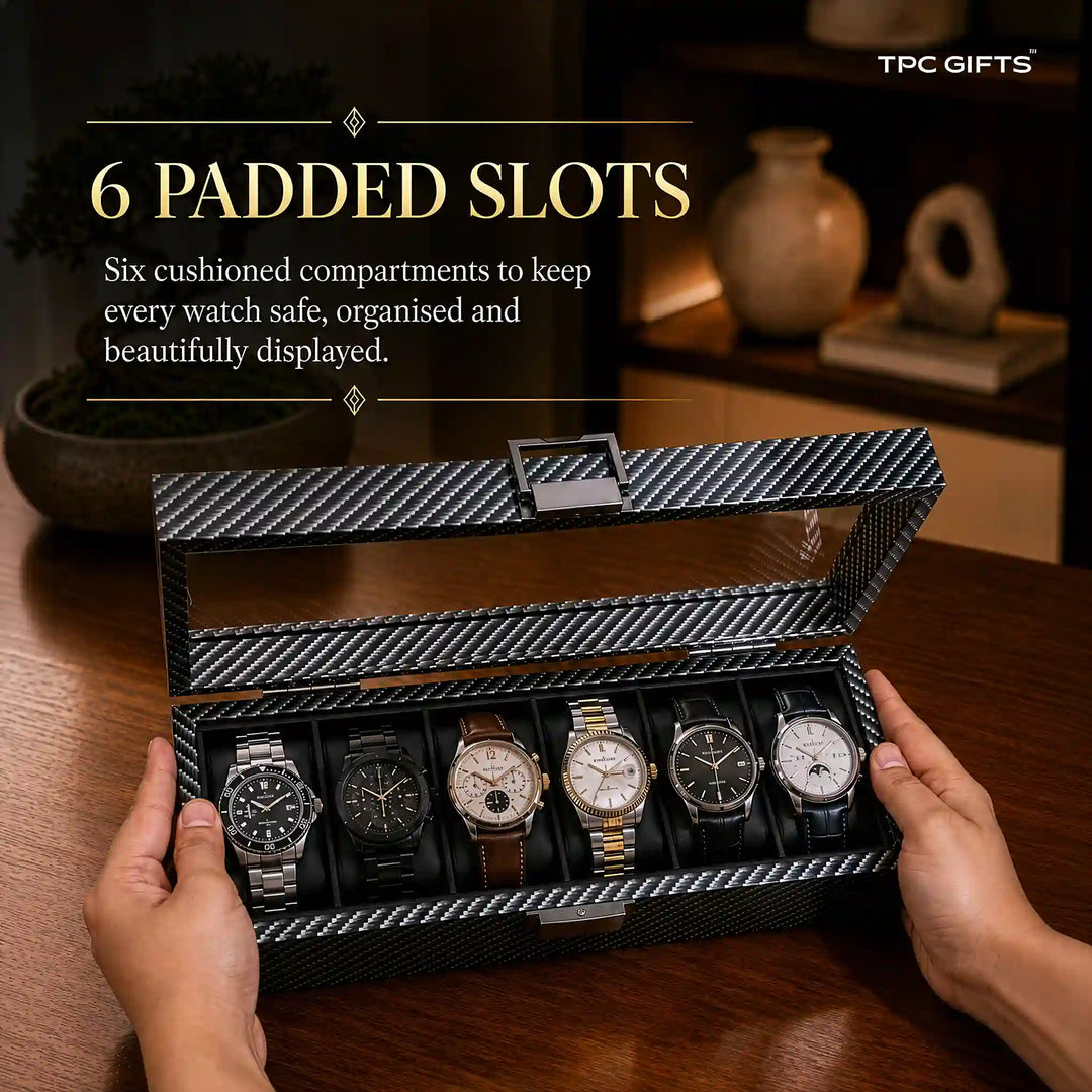Atlas 6-Slot Carbon Fibre Pattern Watch Organiser with Glass Lid