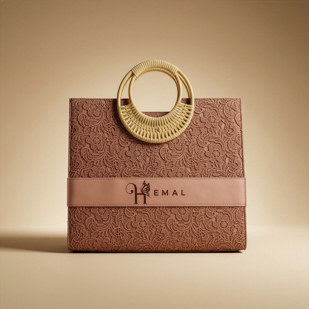personalized tote bag in brown colour with name hemal on a  beige background by TPC Gifts