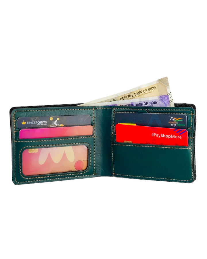 Open green wallet with various cards and a banknote on a white background
