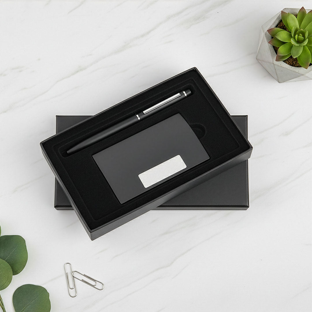 Sleek Matte Black Duo: Metal Cardholder &amp; Pen Gift Set