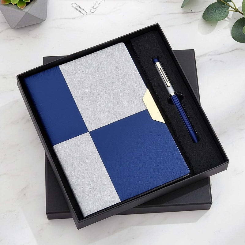 Geometric Color-Block Gift Set: Metallic Finish Notebook & Pen (Blue/Bronze)