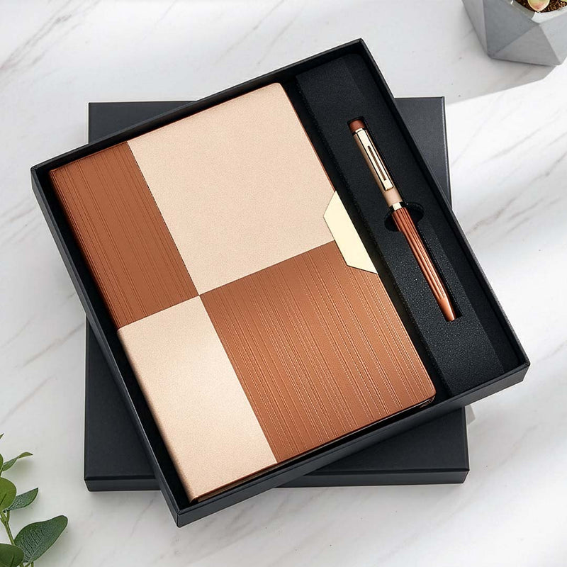 Geometric Color-Block Gift Set: Metallic Finish Notebook & Pen (Blue/Bronze)