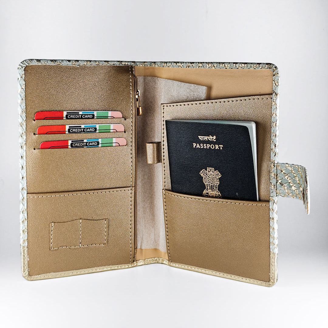 Beige travel wallet with passport and cards on a white background