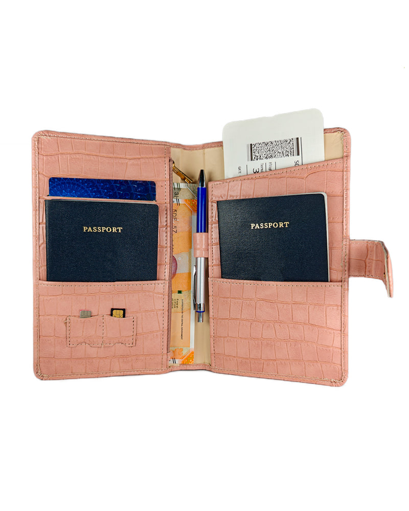 Coral Pink Croco Textured Travel Organizer