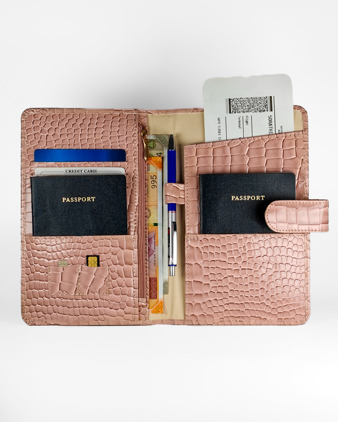 Peach Beige Croco Textured Travel Organizer