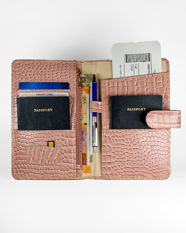 Peach Beige Croco Textured Travel Organizer