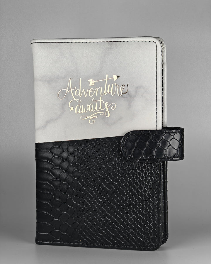 Travel organizer with personalized name tag and embossed ‘Adventure Awaits’ design – a trendy passport cover and passport holder for all travel essentials.