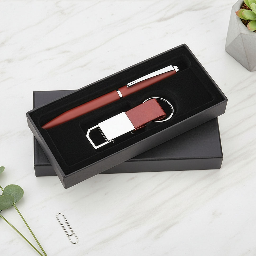Vintage Maroon &amp; Silver Duo: Metal Pen &amp; Leatherette Keychain Set