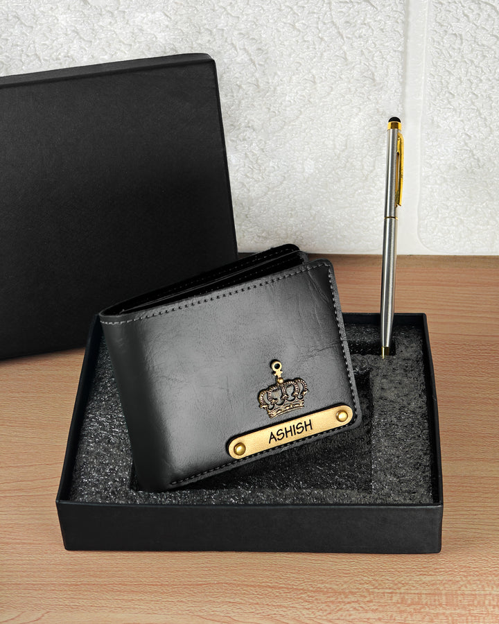Black leather wallet with gold accents and &