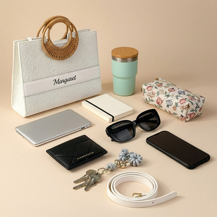 Collection of everyday items including a handbag, tumbler, phone, wallet, and sunglasses on a beige background.