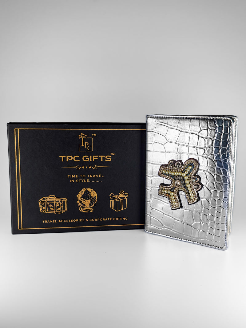 Designer Passport Cover - Silver Croco with Stud Plane