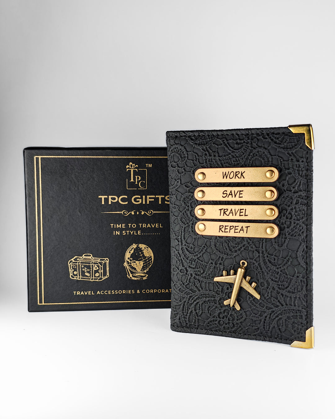 Personalized Passport Cover - Glided Grace Black (Work Travel Repeat)