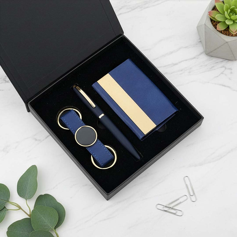 Royal Blue & Gold Trio: Cardholder, Pen & Keychain Gift Set
