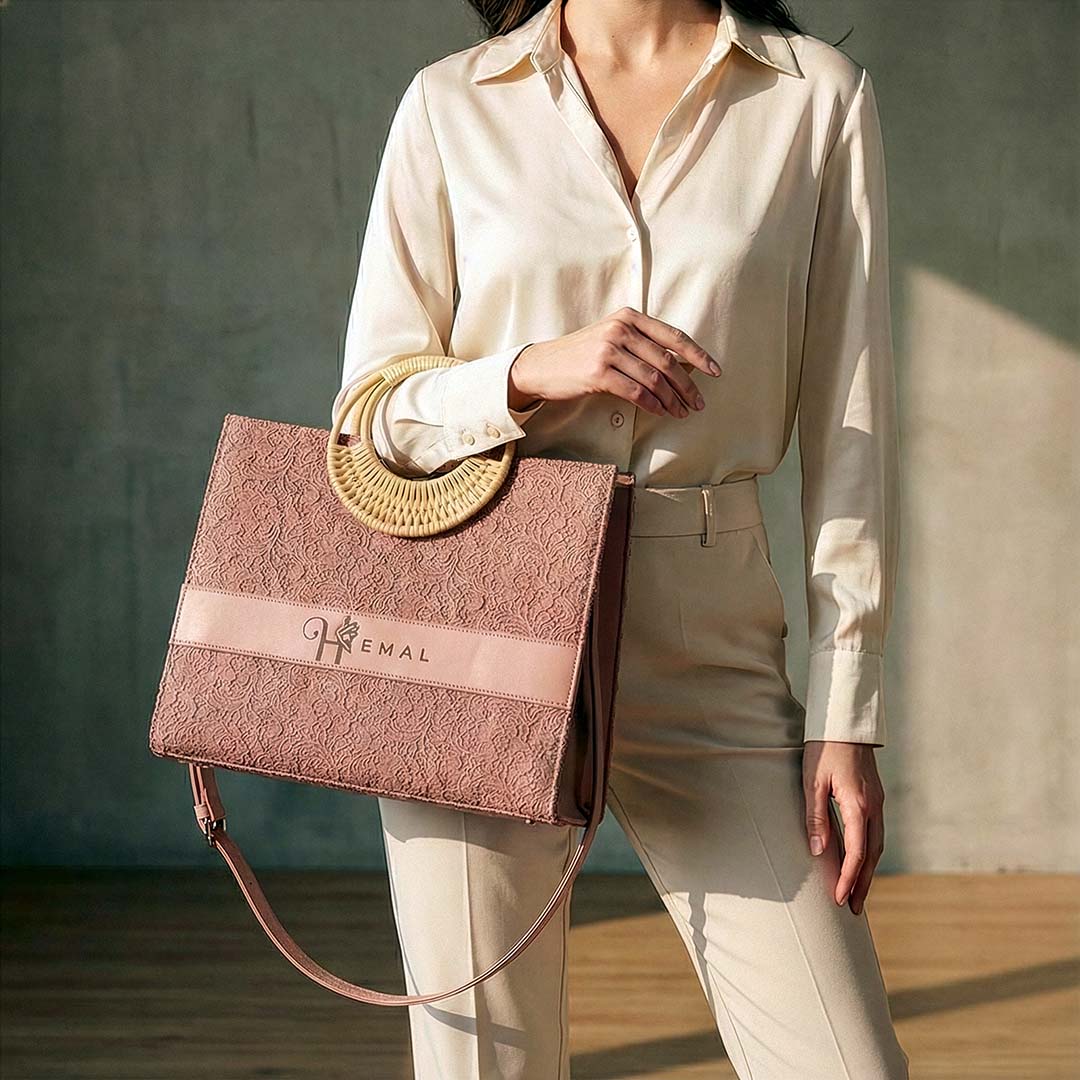 Person holding a textured pink handbag with &