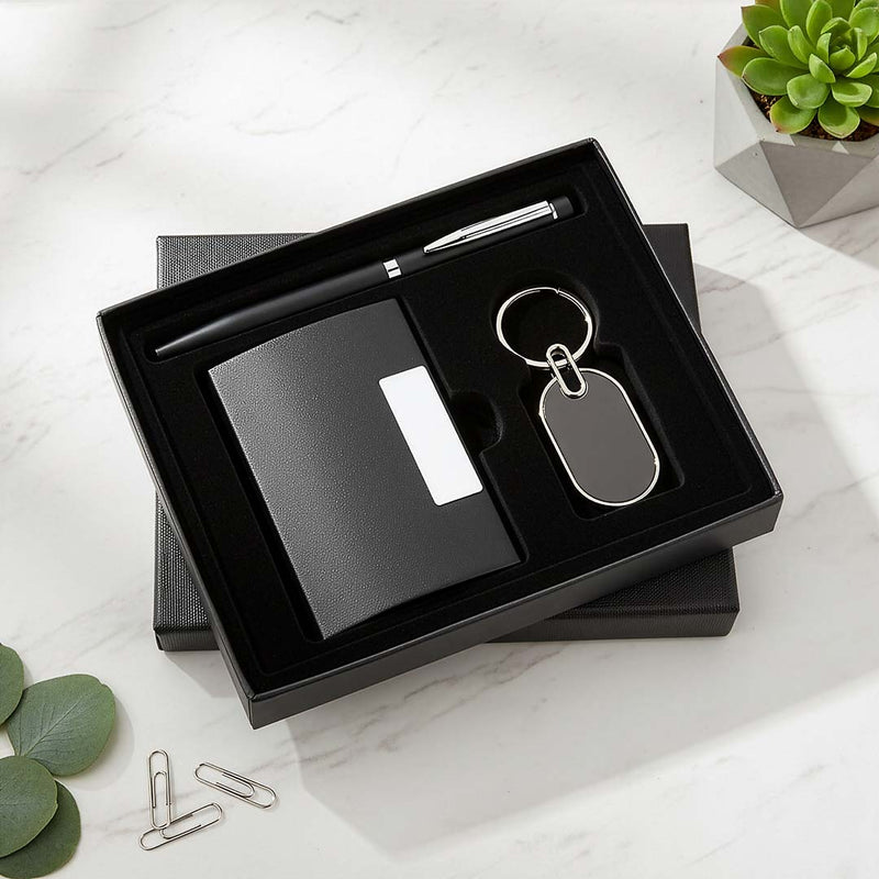 Executive Black Trio: Textured Cardholder, Pen & Keychain Set